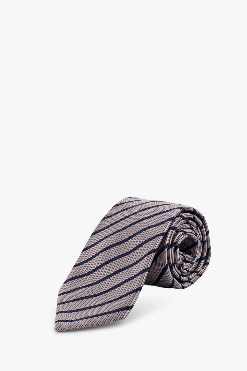 A neatly rolled giorgio armani men’s silk tie with gray and navy diagonal stripes crafted from smooth fabric