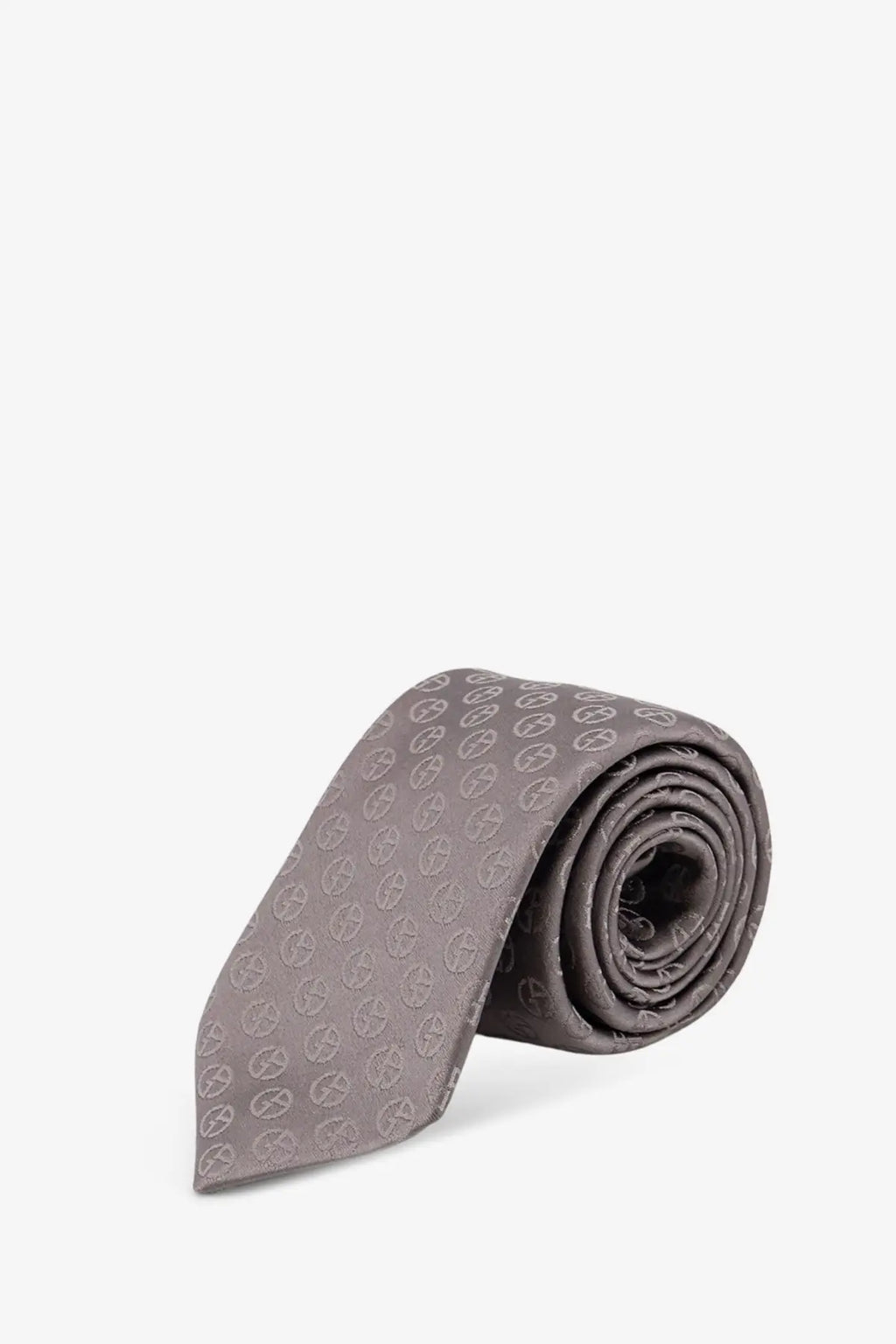 Giorgio Armani men’s grey silk tie with a sleek charcoal base and a subtle silver peace symbol pattern