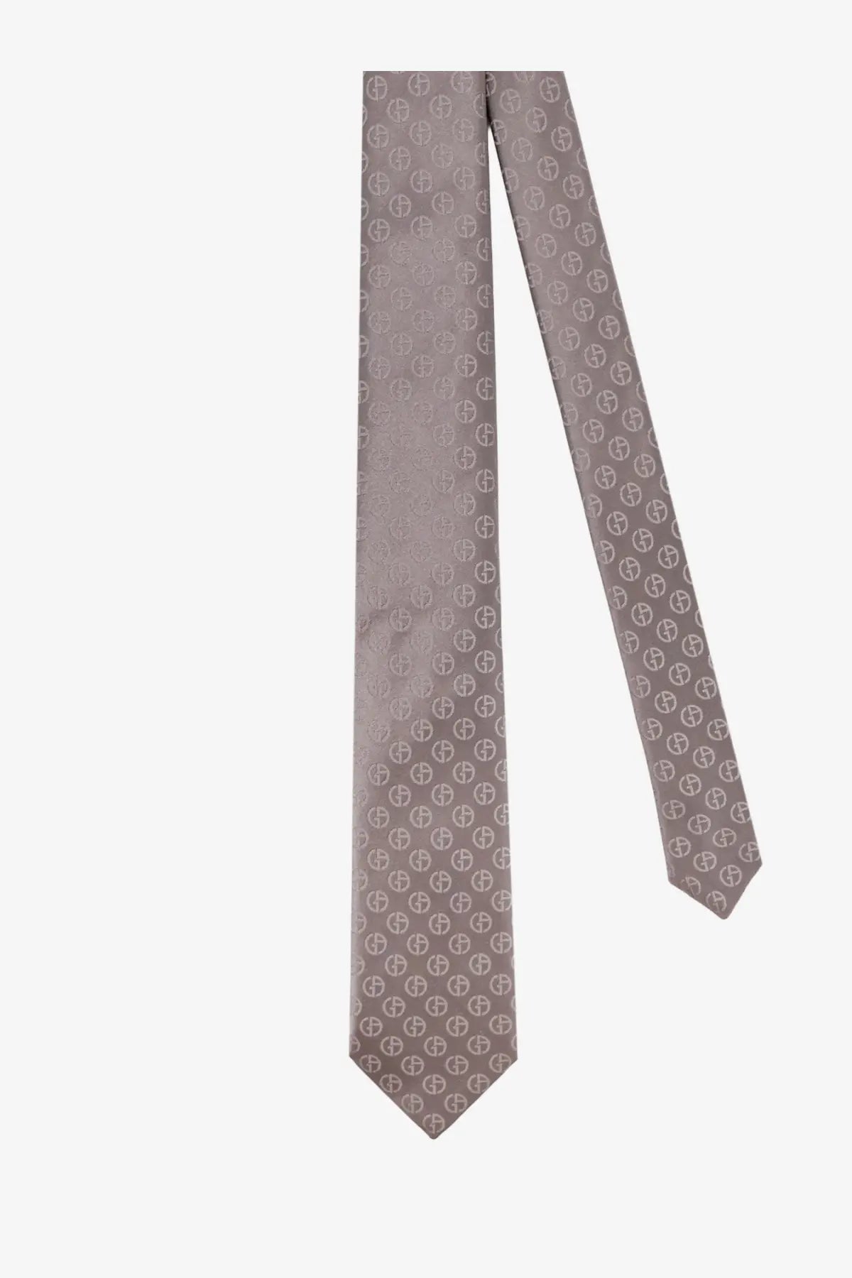 Giorgio Armani men’s gray silk tie with a subtle repeating pattern of interlocking geometric logos