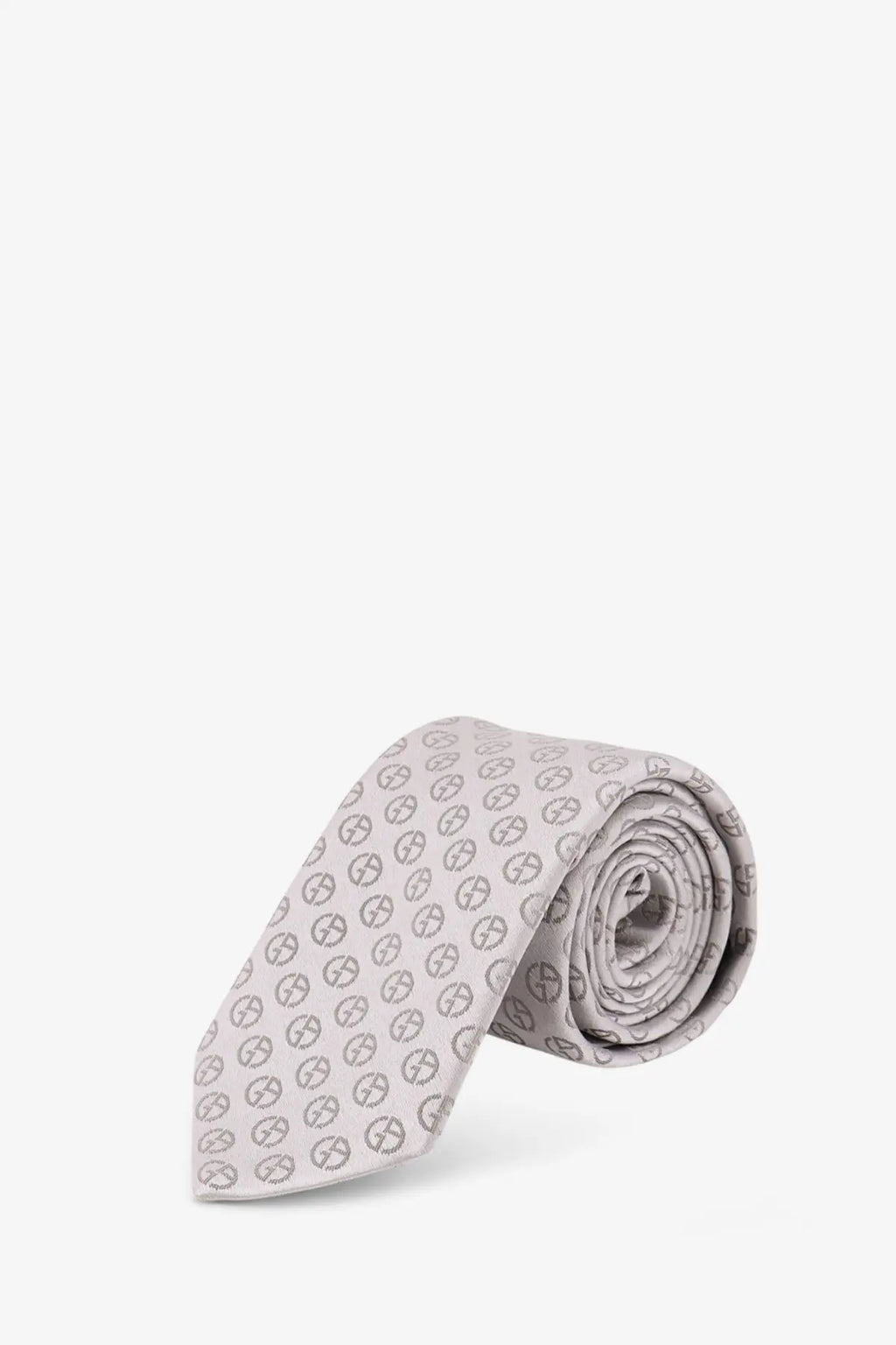 Giorgio armani men’s silk tie in light gray with dark gray interlocking s logos pattern