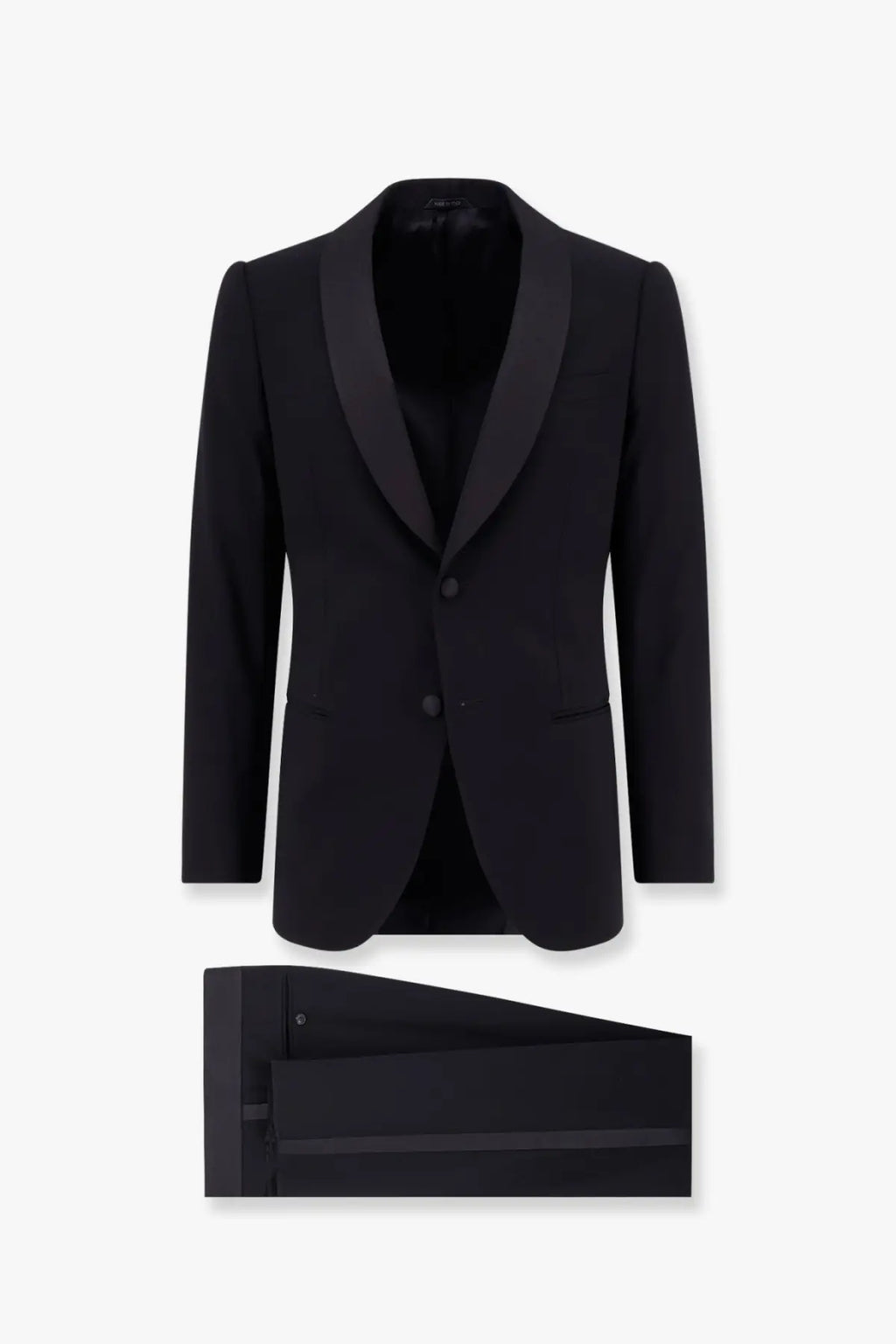 Black tuxedo jacket with satin lapels and matching virgin wool trousers by Giorgio Armani men’s Soho collection