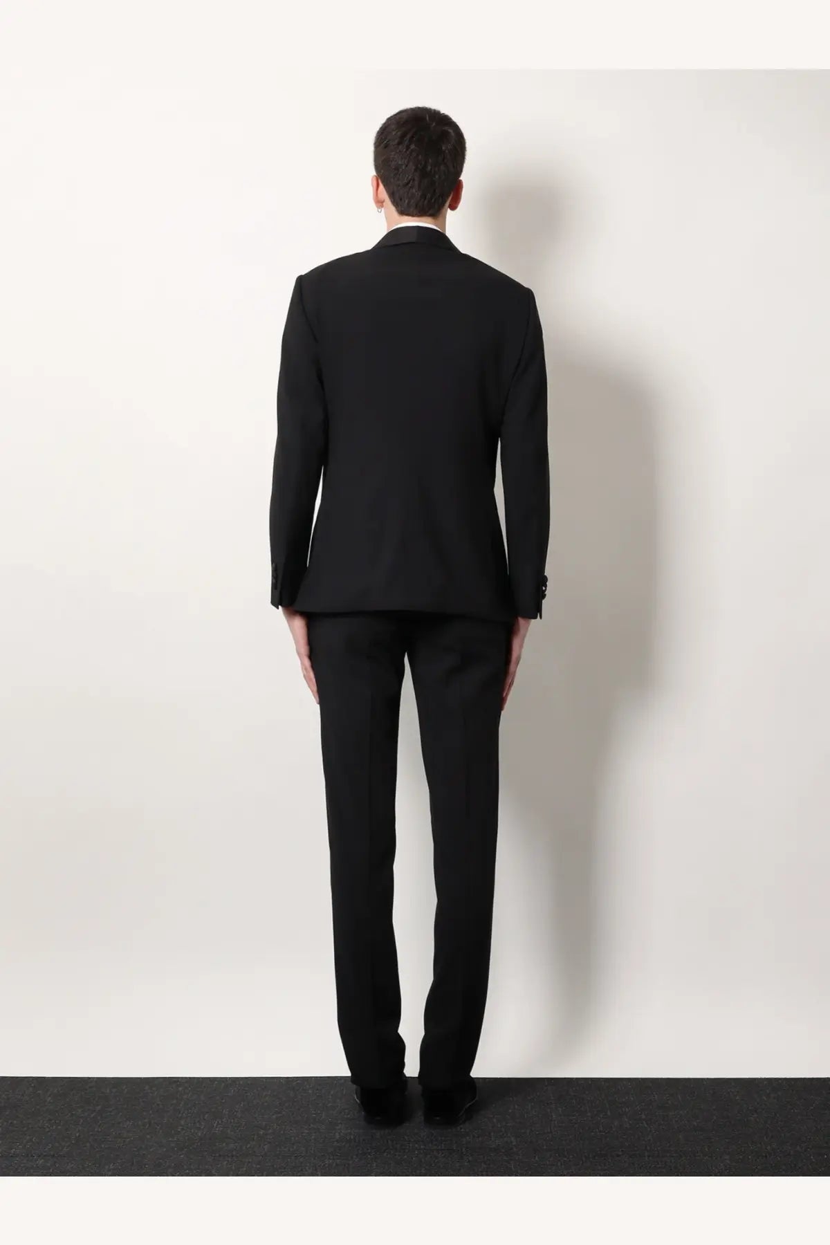 Giorgio Armani men’s Soho virgin wool tuxedo black tailored suit with sleek modern cut and subtle texture