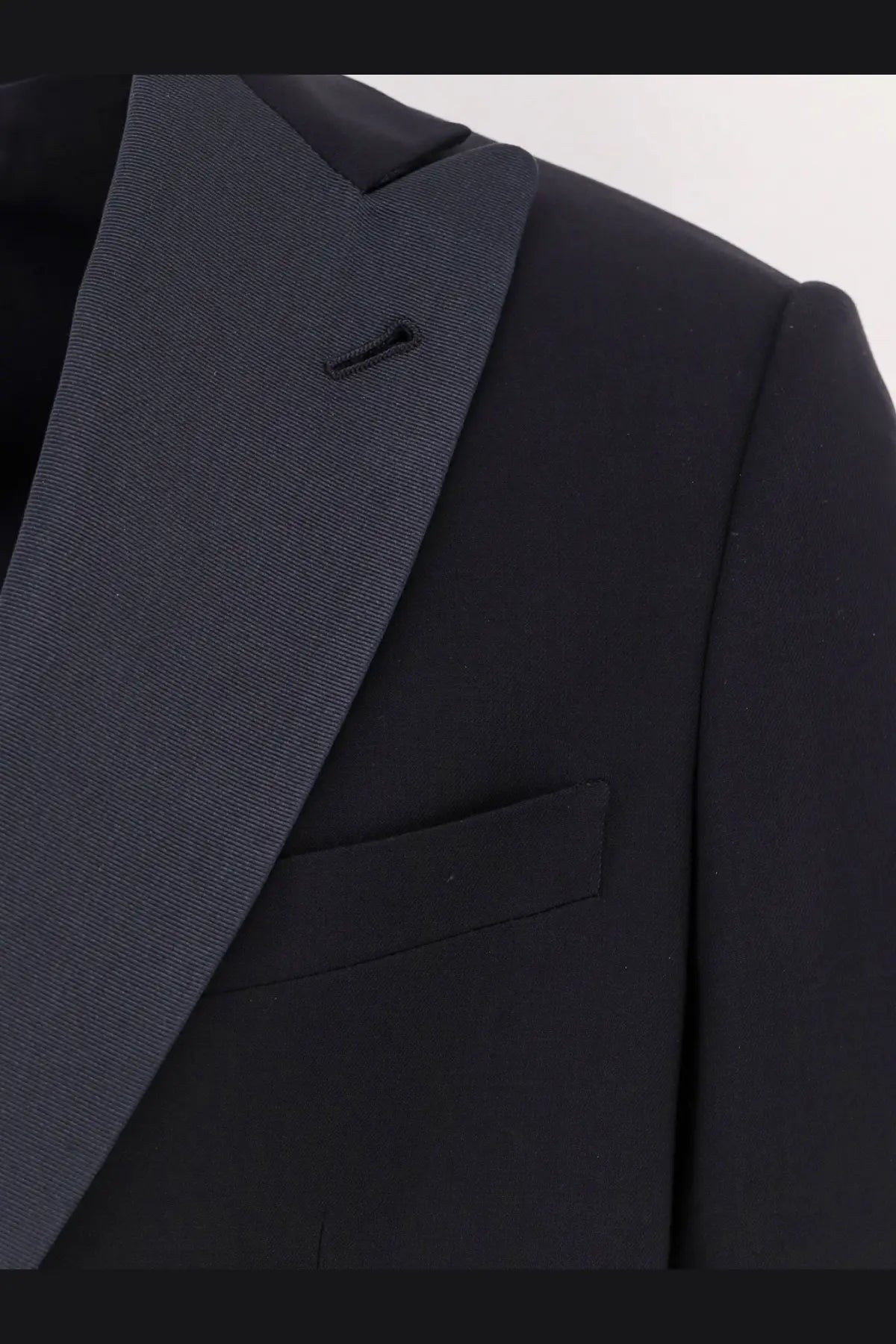 Black tuxedo jacket with contrasting charcoal gray satin lapel from giorgio armani men’s soho virgin wool tuxedo blue