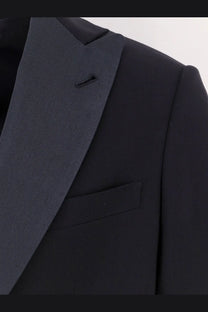 Black tuxedo jacket with contrasting charcoal gray satin lapel from giorgio armani men’s soho virgin wool tuxedo blue