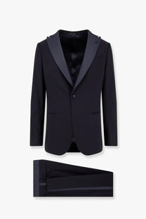 Giorgio Armani men’s soho virgin wool tuxedo blue with black satin lapel jacket and matching trousers