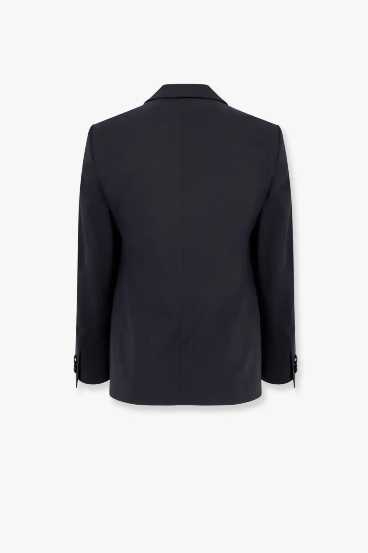 Black tailored blazer with sleek structured silhouette and subtle button cuffs from Giorgio Armani Soho virgin wool tuxedo blue