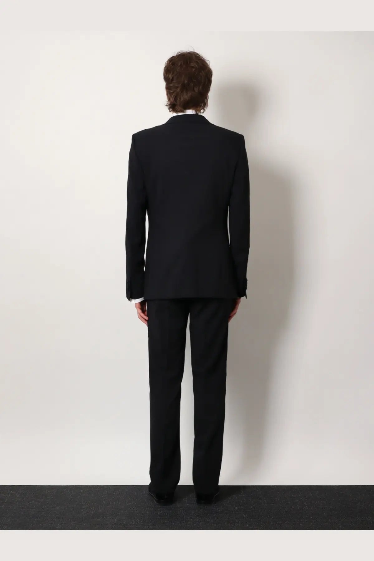 Black tailored suit with structured shoulders and sleek modern cut from giorgio armani men’s soho virgin wool tuxedo blue