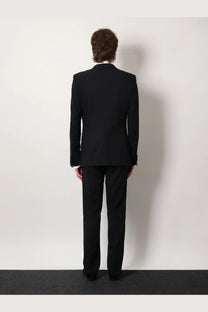 Black tailored suit with structured shoulders and sleek modern cut from giorgio armani men’s soho virgin wool tuxedo blue