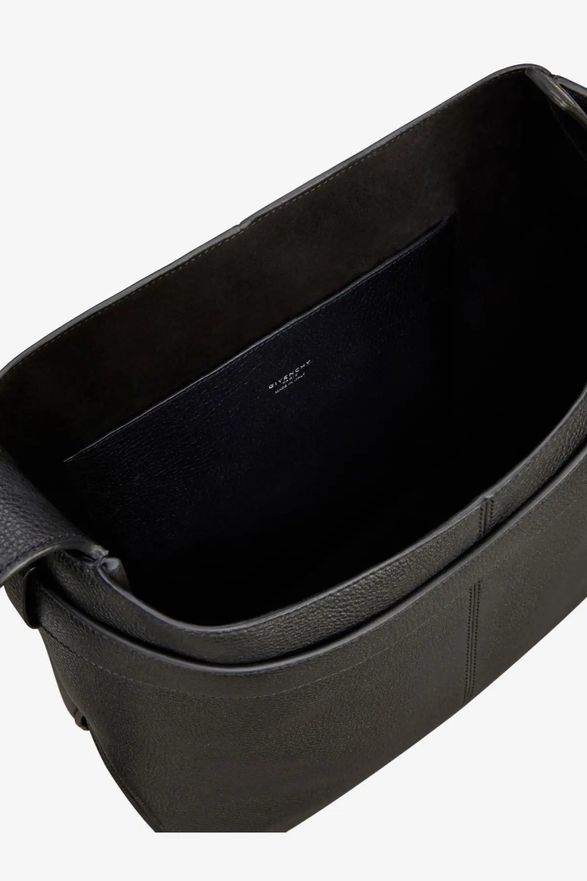 Black Givenchy men’s belted leather shoulder bag with structured minimalist design and visible stitching details
