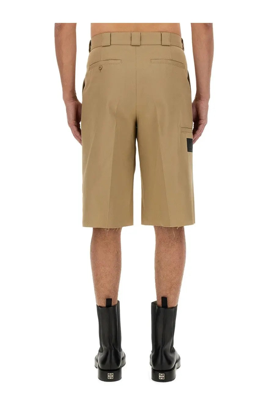 Beige Givenchy men’s bermuda chino cargo shorts with belted waist side pockets and black thigh patch