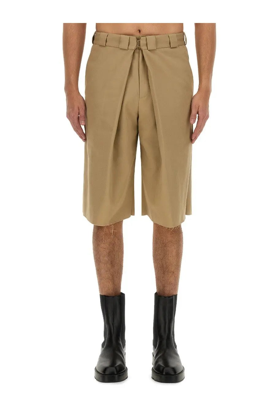 Givenchy men’s bermuda chino beige shorts in khaki with pleats, belted waist, and frayed hem in cotton blend