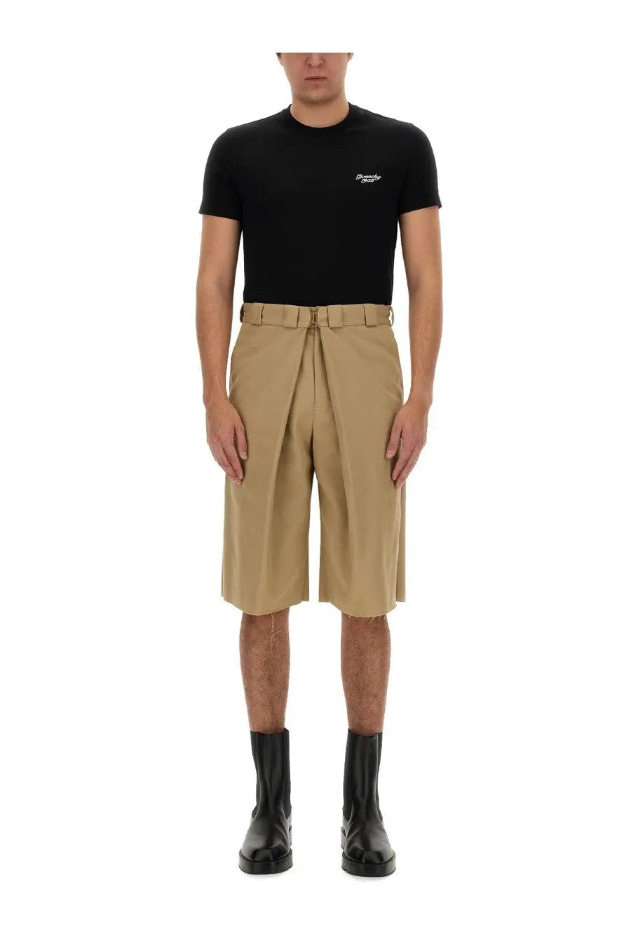 Givenchy men’s bermuda chino beige pleated shorts with matching belt and frayed hem in lightweight fabric