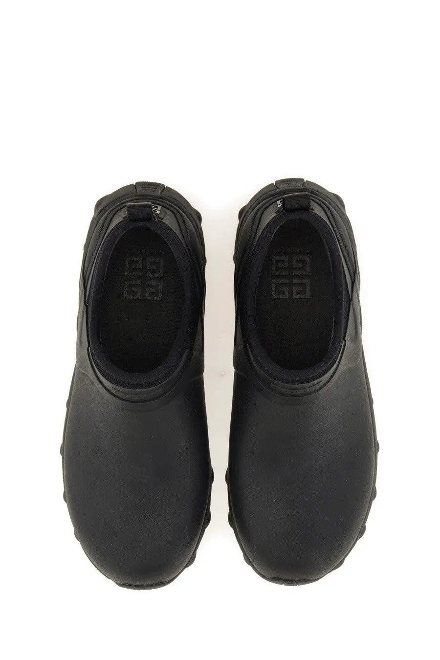Givenchy men’s bogs chelsea boot black rubber-soled slip-on shoes with chunky textured sole and embossed logo insole