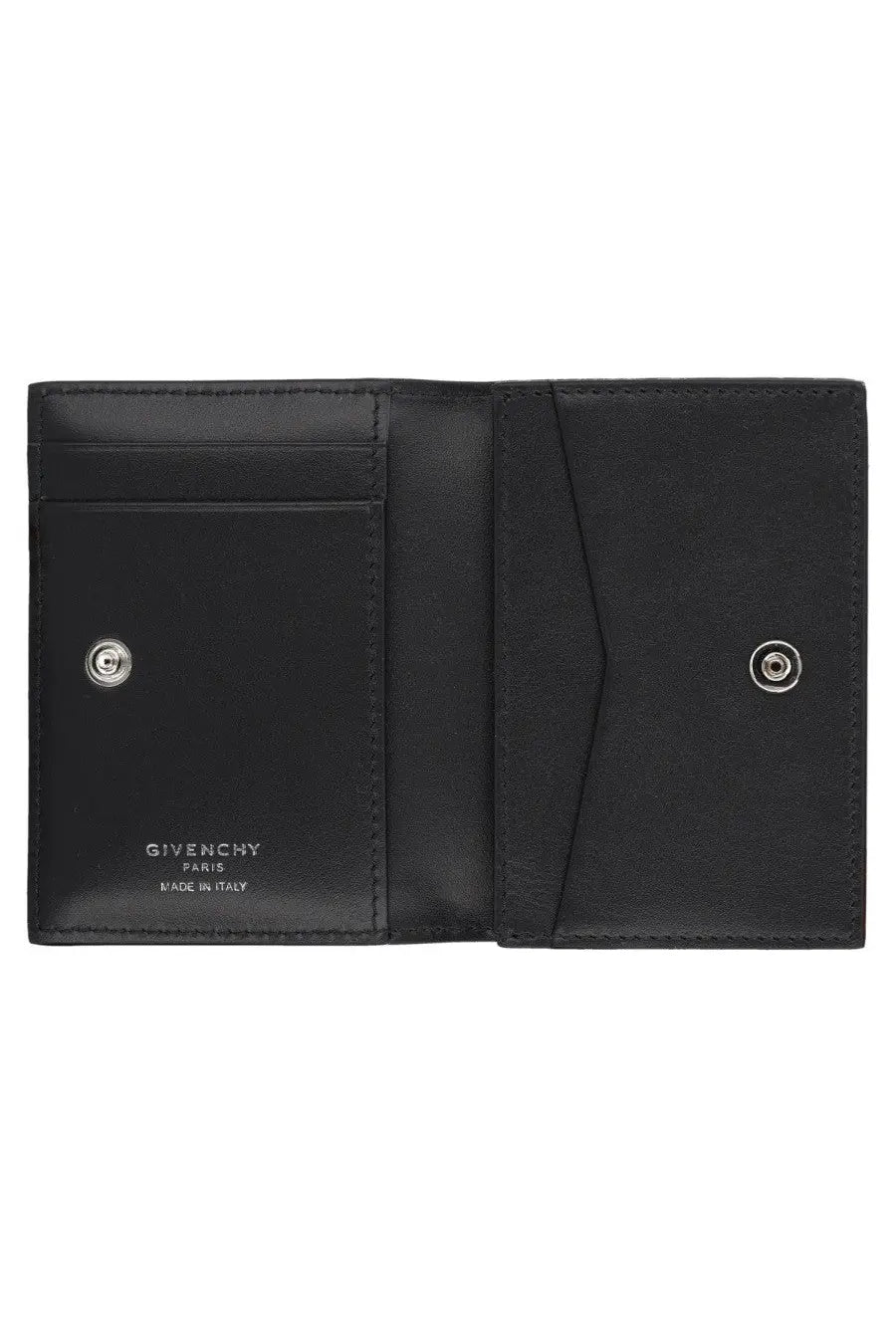 Givenchy men’s card holder antigona black leather wallet made in Italy with silver snap buttons and minimalist compartments