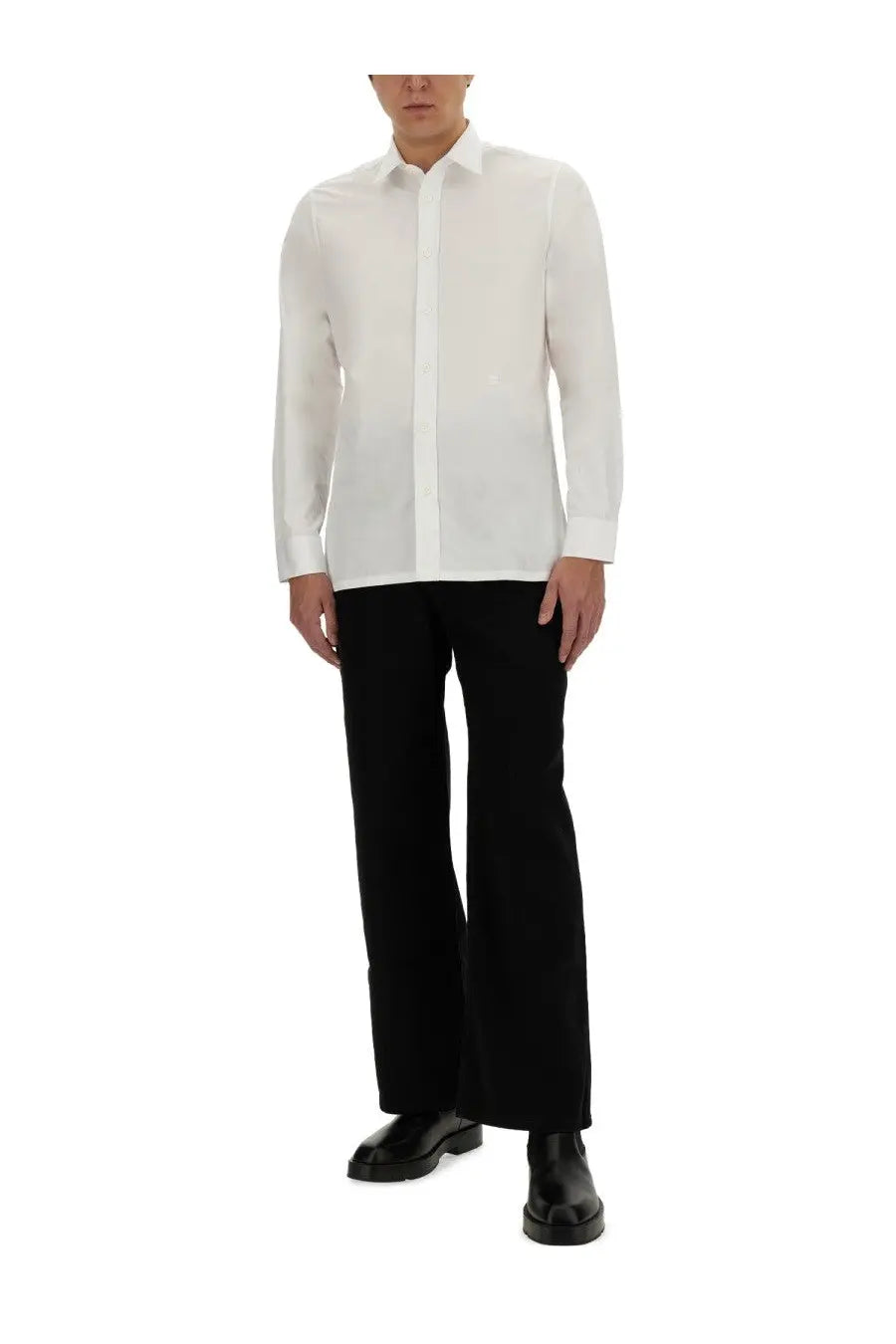 Givenchy men’s classic crisp white long-sleeved button-down shirt with a subtle textured fabric and classic collar
