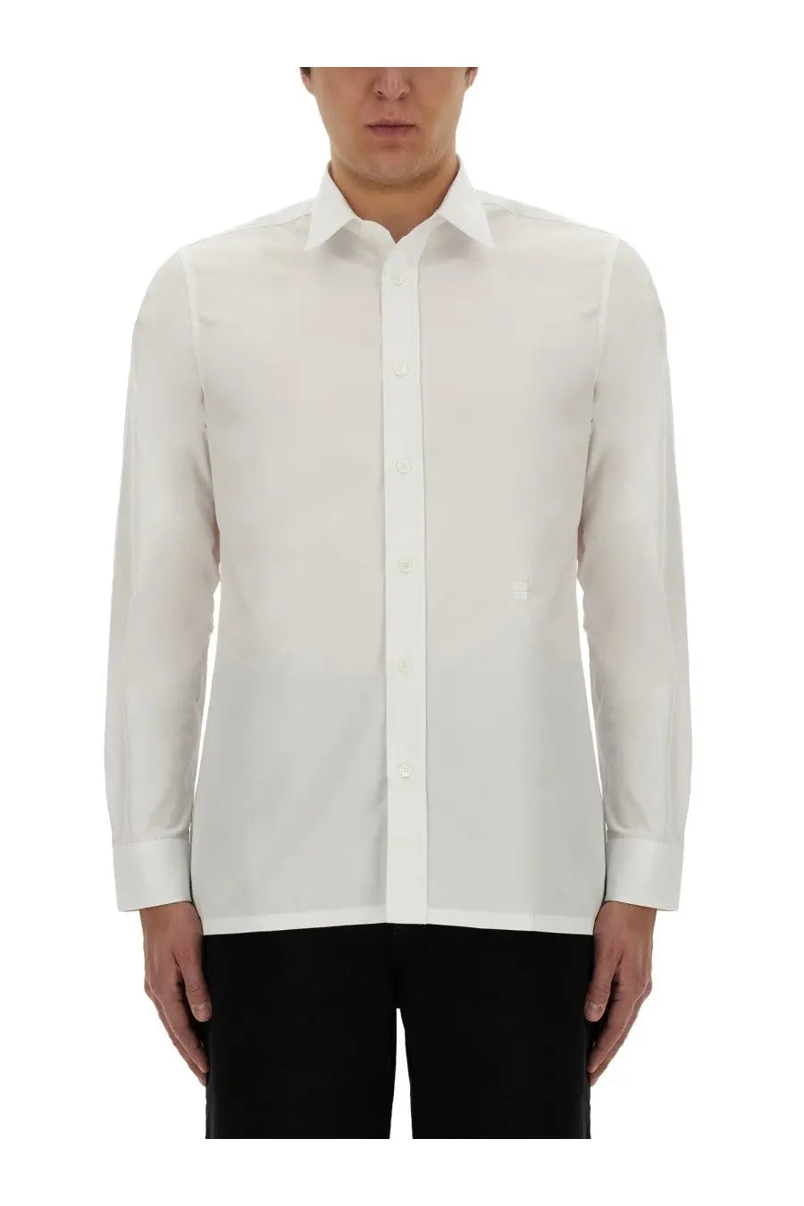 Givenchy men’s classic white dress shirt with crisp long sleeves, classic collar, and button-down front closure