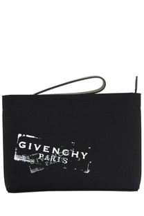 Givenchy mens clutch bag black with distressed white logo and matching wrist strap for stylish carrying