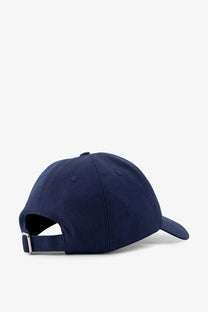 Givenchy men’s cotton baseball hat in navy blue with adjustable strap and silver buckle shown from the back side