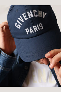 Navy blue Givenchy Paris cotton baseball cap with white embroidered lettering for men