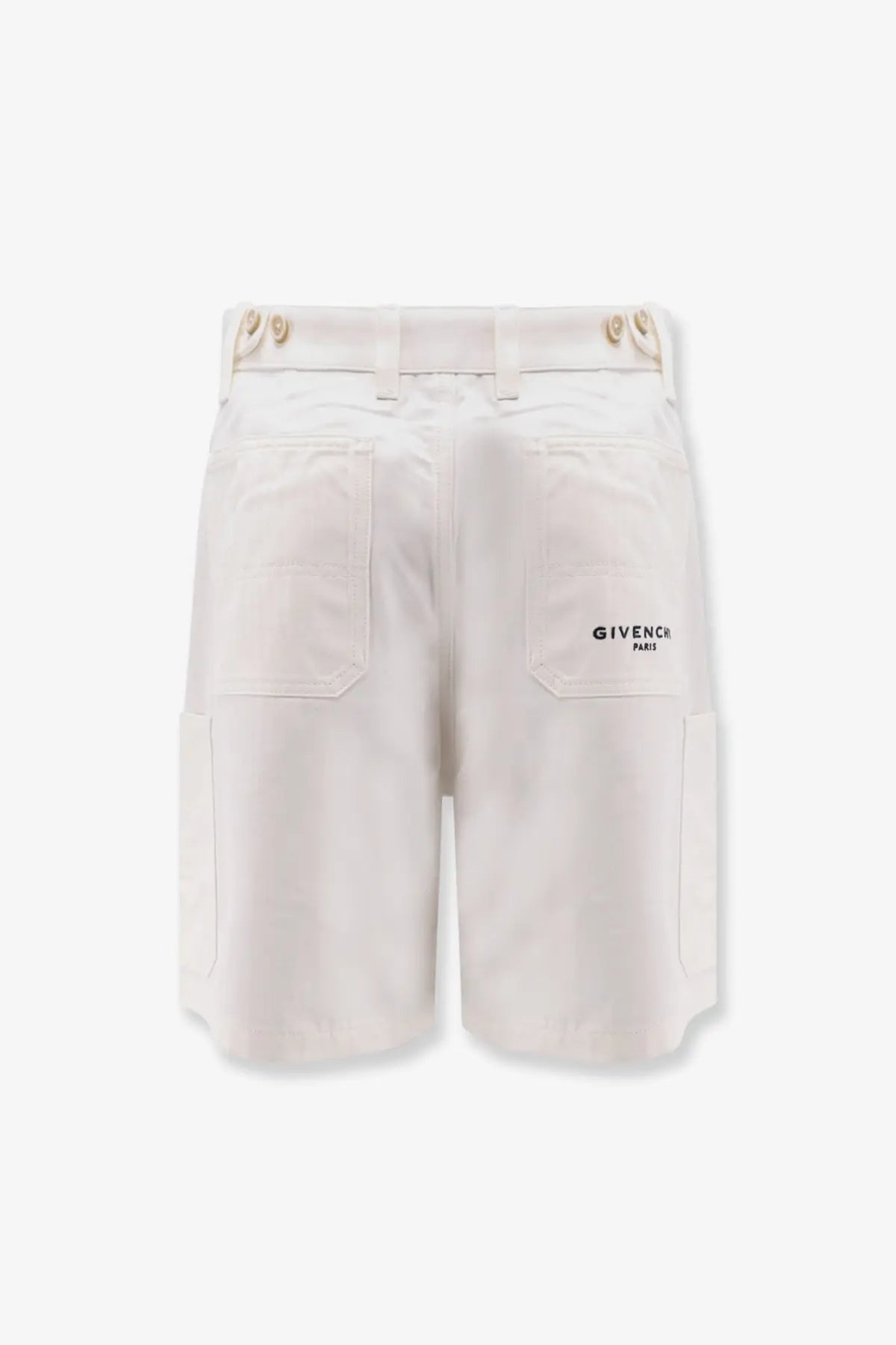 White givenchy paris cotton cargo bermuda shorts with minimalist design and subtle branding on the back pocket back view