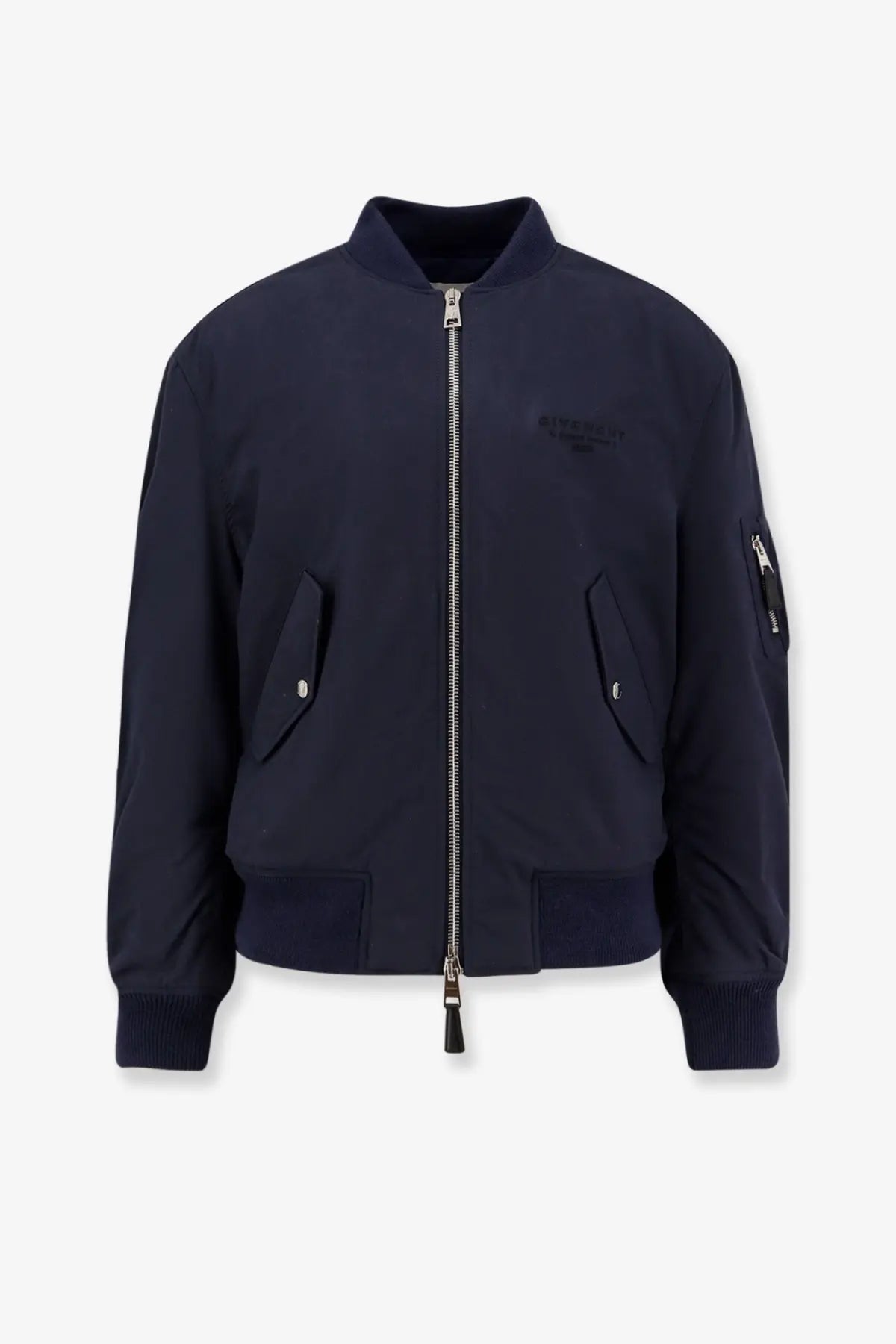 Givenchy men’s navy blue cotton blend bomber jacket with silver zipper and subtle chest logo