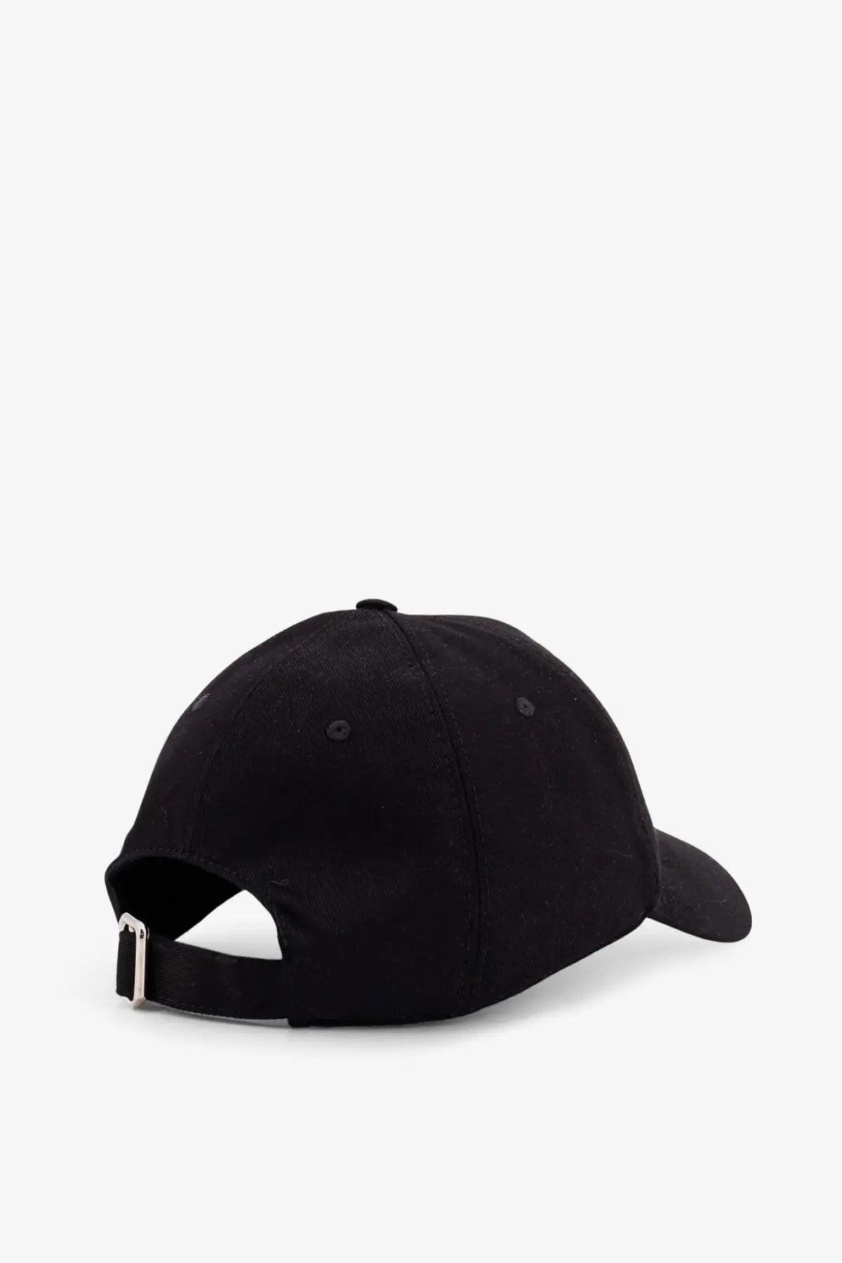 Givenchy men’s black cotton baseball cap with curved brim and silver-tone adjustable strap buckle shown from the back