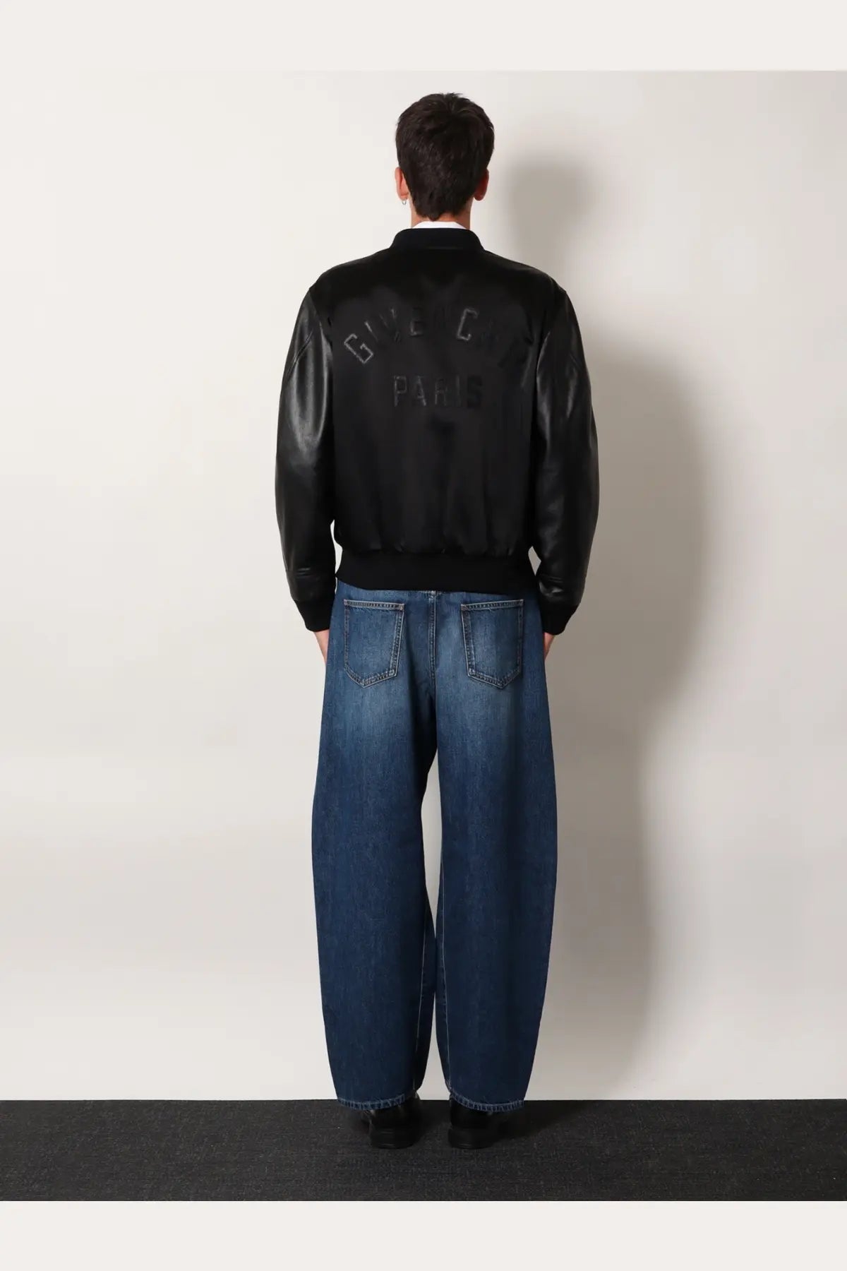 Givenchy men’s black cotton and nylon jacket with back black leather bomber panel embroidered with gucci paris