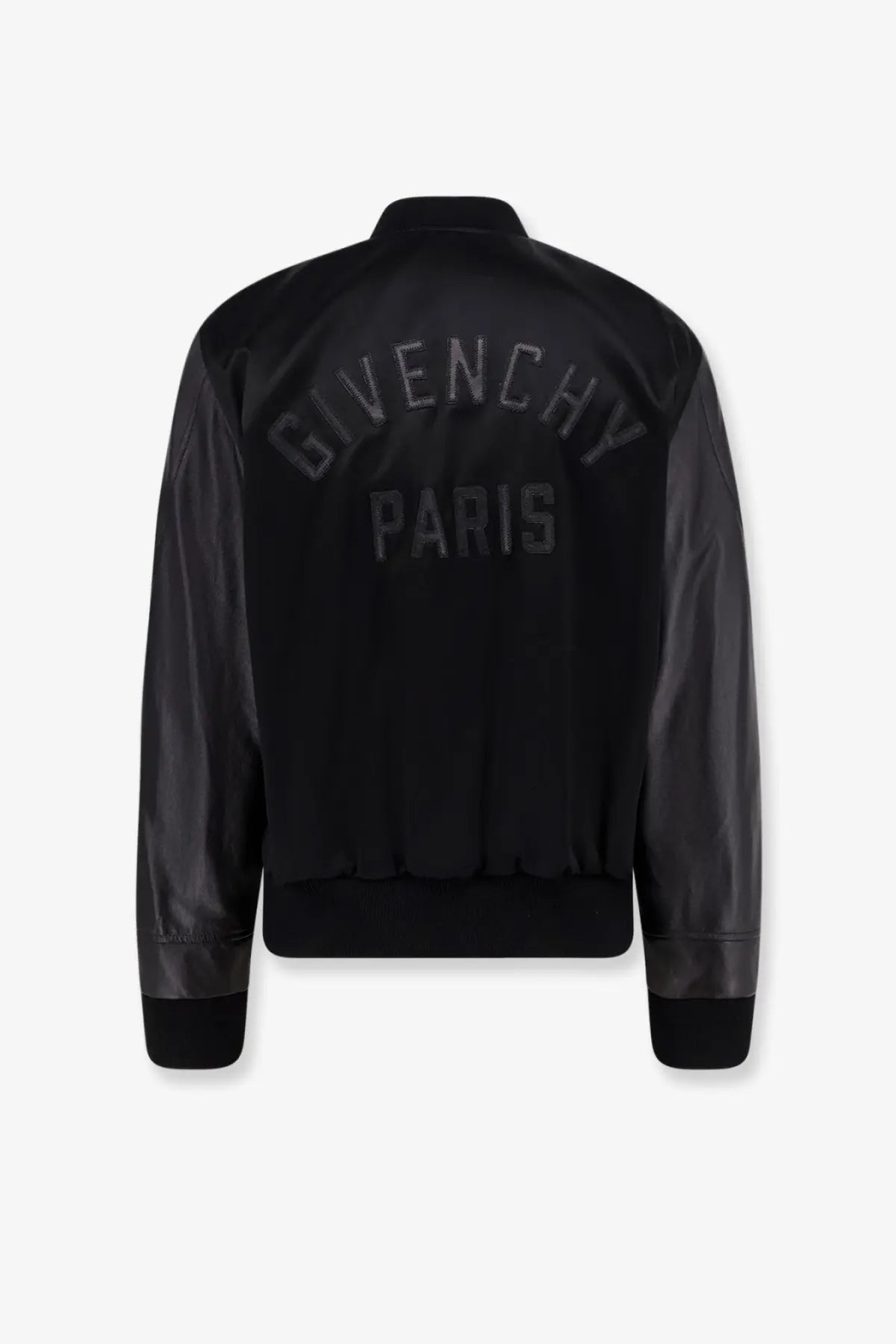 Givenchy men’s black bomber jacket with leather sleeves and contrasting embroidered logo made of cotton and nylon
