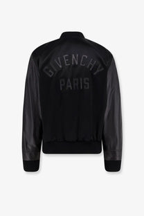 Givenchy men’s black bomber jacket with leather sleeves and contrasting embroidered logo made of cotton and nylon
