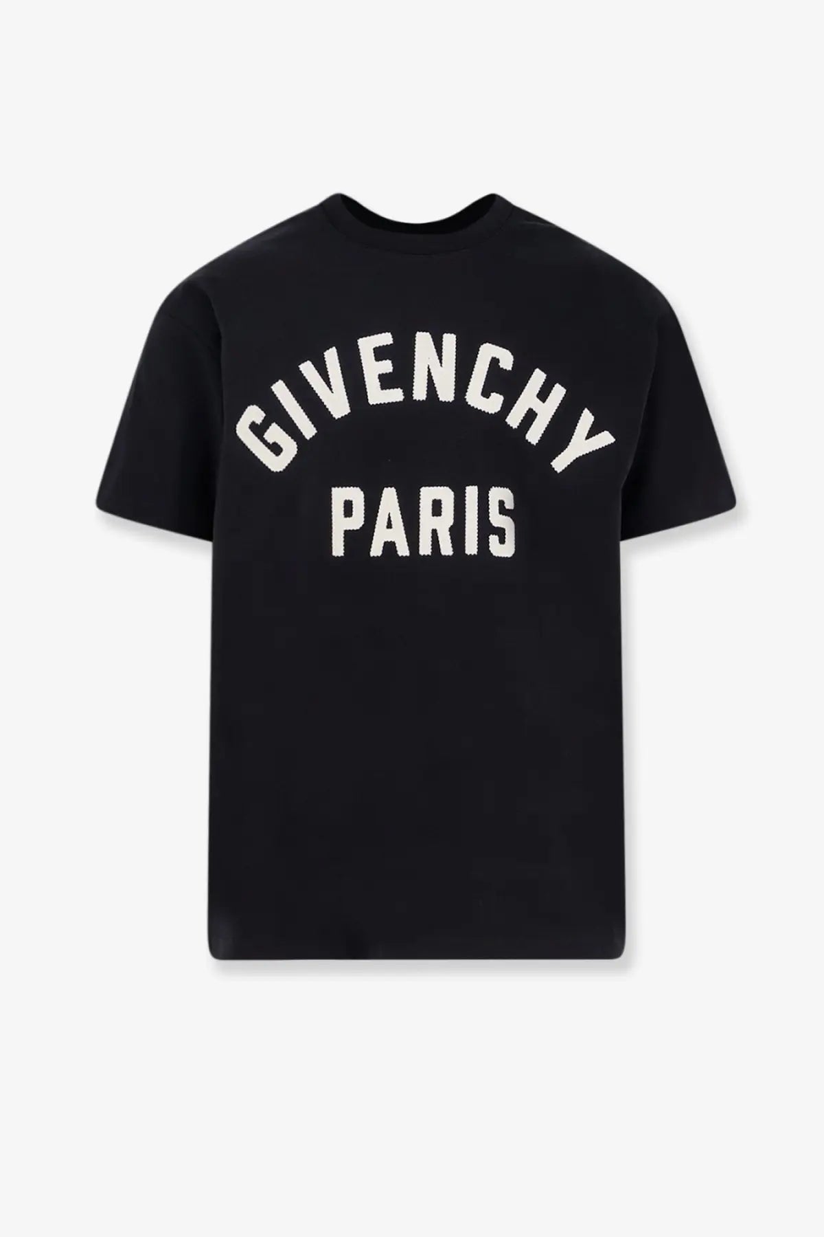 Givenchy men’s black cotton t-shirt with bold white arched lettering across the chest
