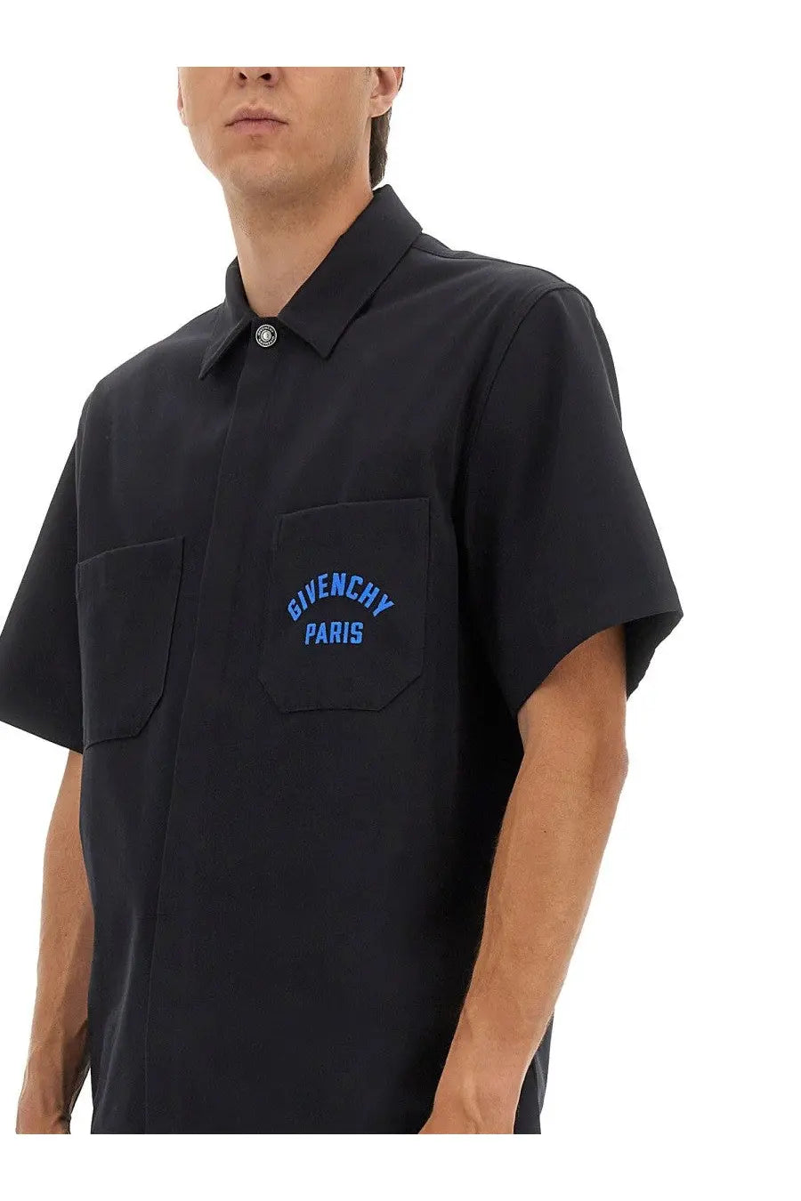 Black givenchy men’s cotton shirt with blue embroidered logo on chest pocket perfect for casual wear