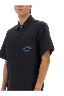 Black givenchy men’s cotton shirt with blue embroidered logo on chest pocket perfect for casual wear