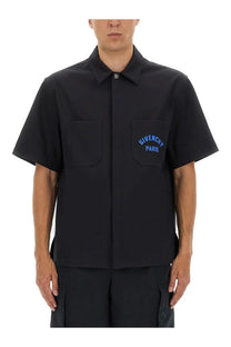 Black Givenchy Paris short-sleeved cotton shirt with button-down collar front pocket and blue embroidered branding