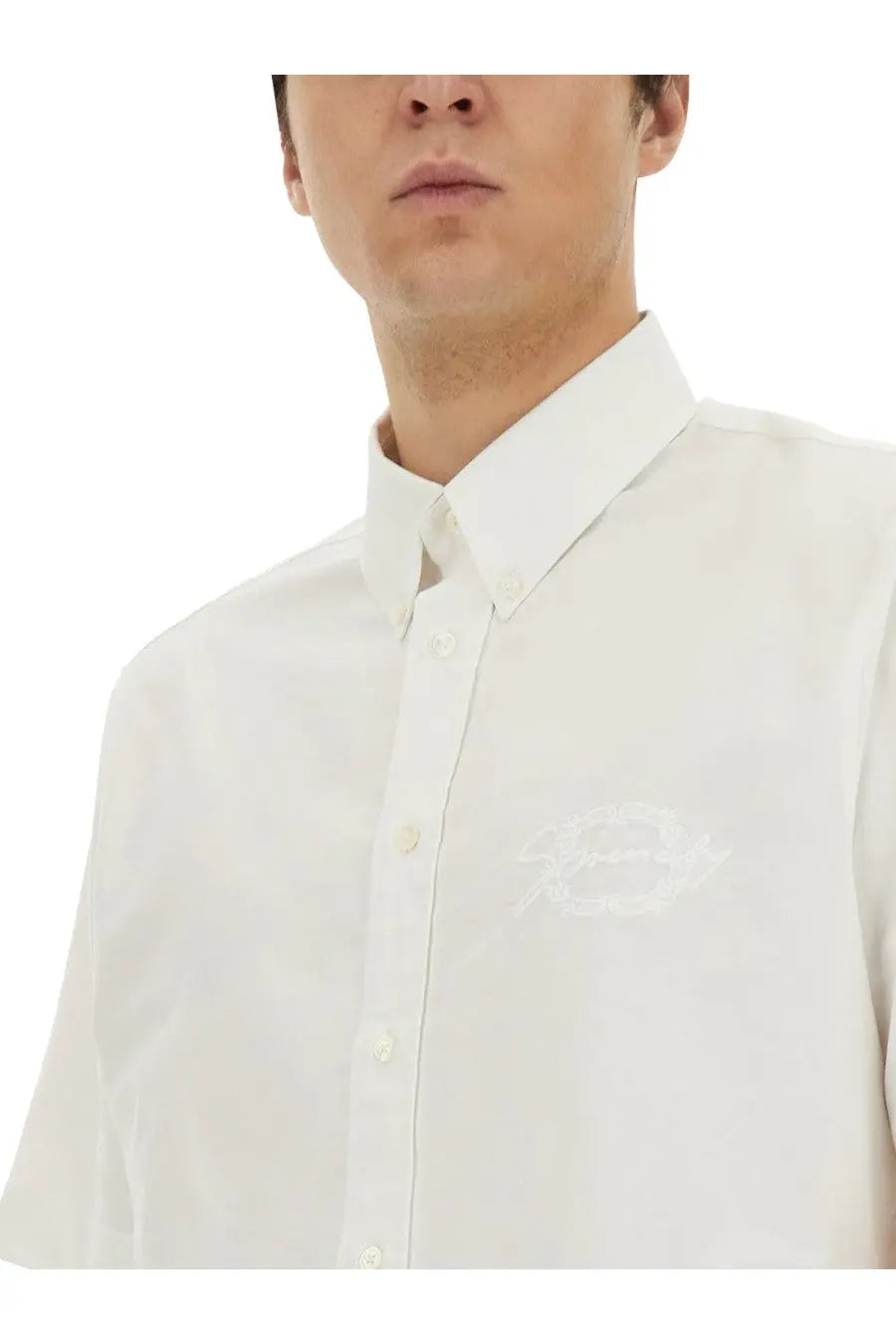 Givenchy men’s white cotton button-down shirt with subtle embroidered logo on the chest