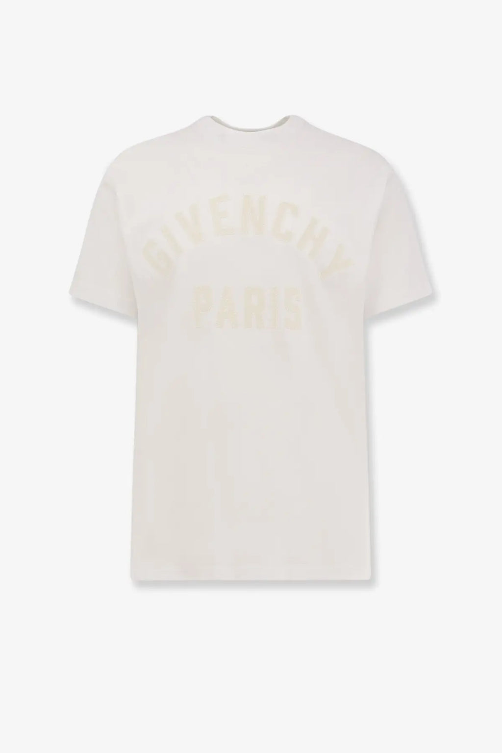 A cream-colored Givenchy Paris cotton t-shirt with a subtle raised logo print across the chest for men