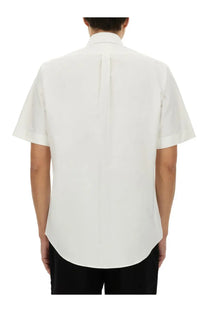 Givenchy men’s white cotton shirt with short sleeves classic collar and back pleats shown from the back side
