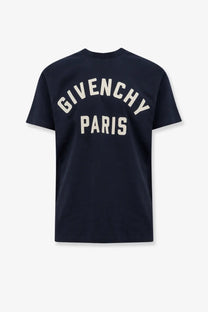Navy blue Givenchy Paris men’s cotton t-shirt with cream embroidered lettering, front view