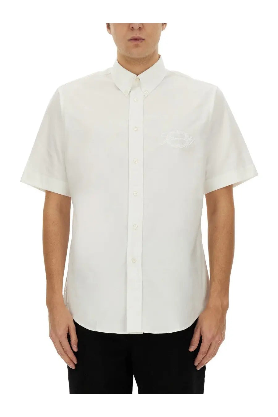Givenchy men’s white cotton short-sleeved button-down shirt with subtle embroidered logo on left chest