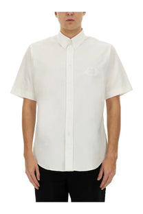 Givenchy men’s white cotton short-sleeved button-down shirt with subtle embroidered logo on left chest