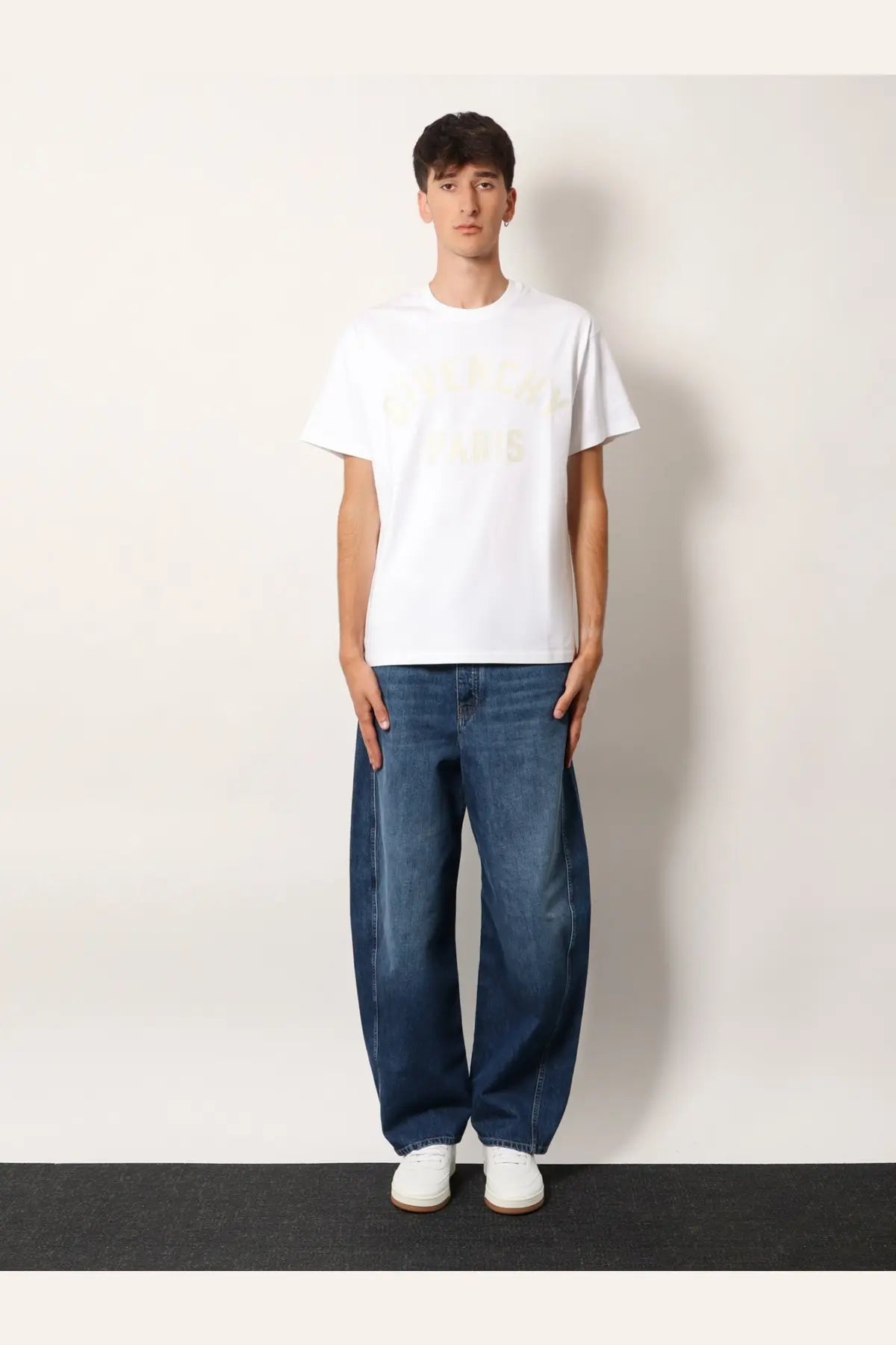 Givenchy men’s white cotton short-sleeved shirt with subtle light-colored graphic print across the chest