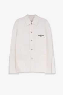 Givenchy men’s white denim jacket with subtle gold-tone buttons and minimalist logo patch on the chest