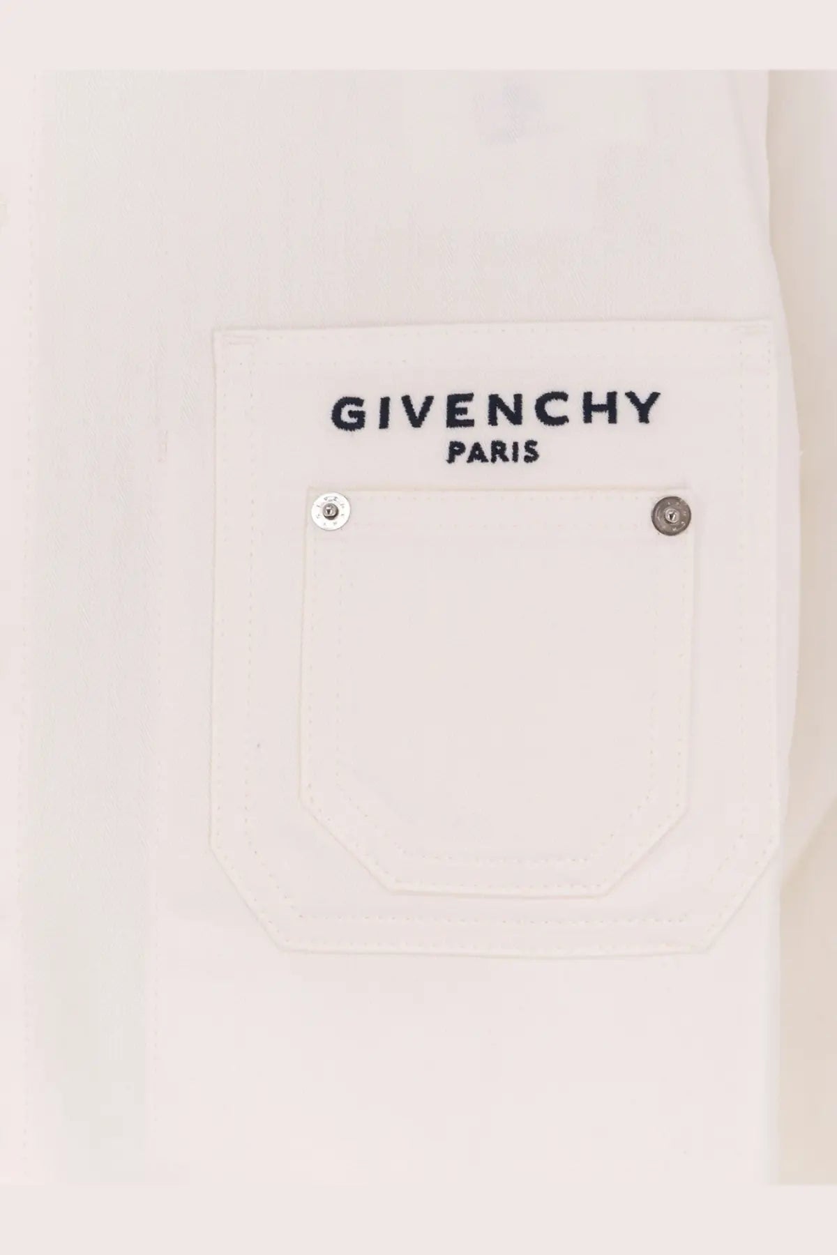 Givenchy men’s white denim jacket with paris patch pocket black embroidered branding and silver-toned button fastenings