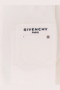 Givenchy men’s white denim jacket with paris patch pocket black embroidered branding and silver-toned button fastenings