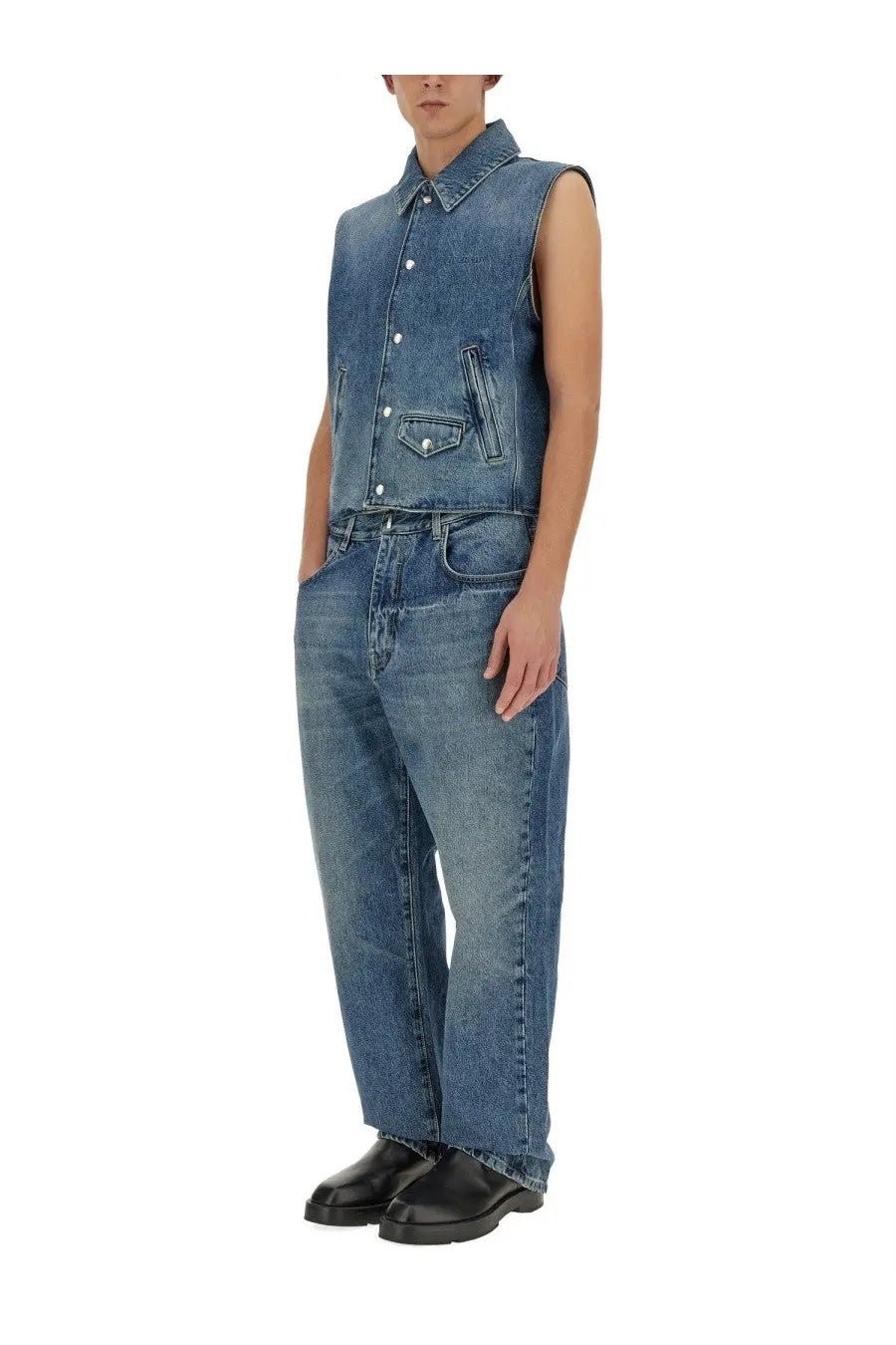 Givenchy men’s blue denim sleeveless vest with button closure and front pockets for casual wear