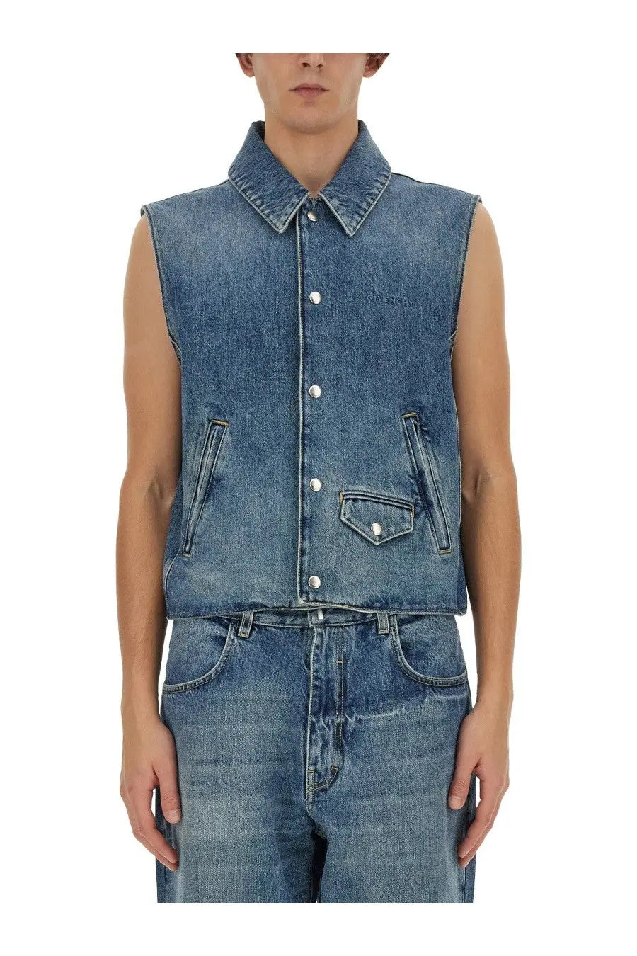Givenchy men’s blue denim sleeveless vest with collar and button-front closure made of durable denim material