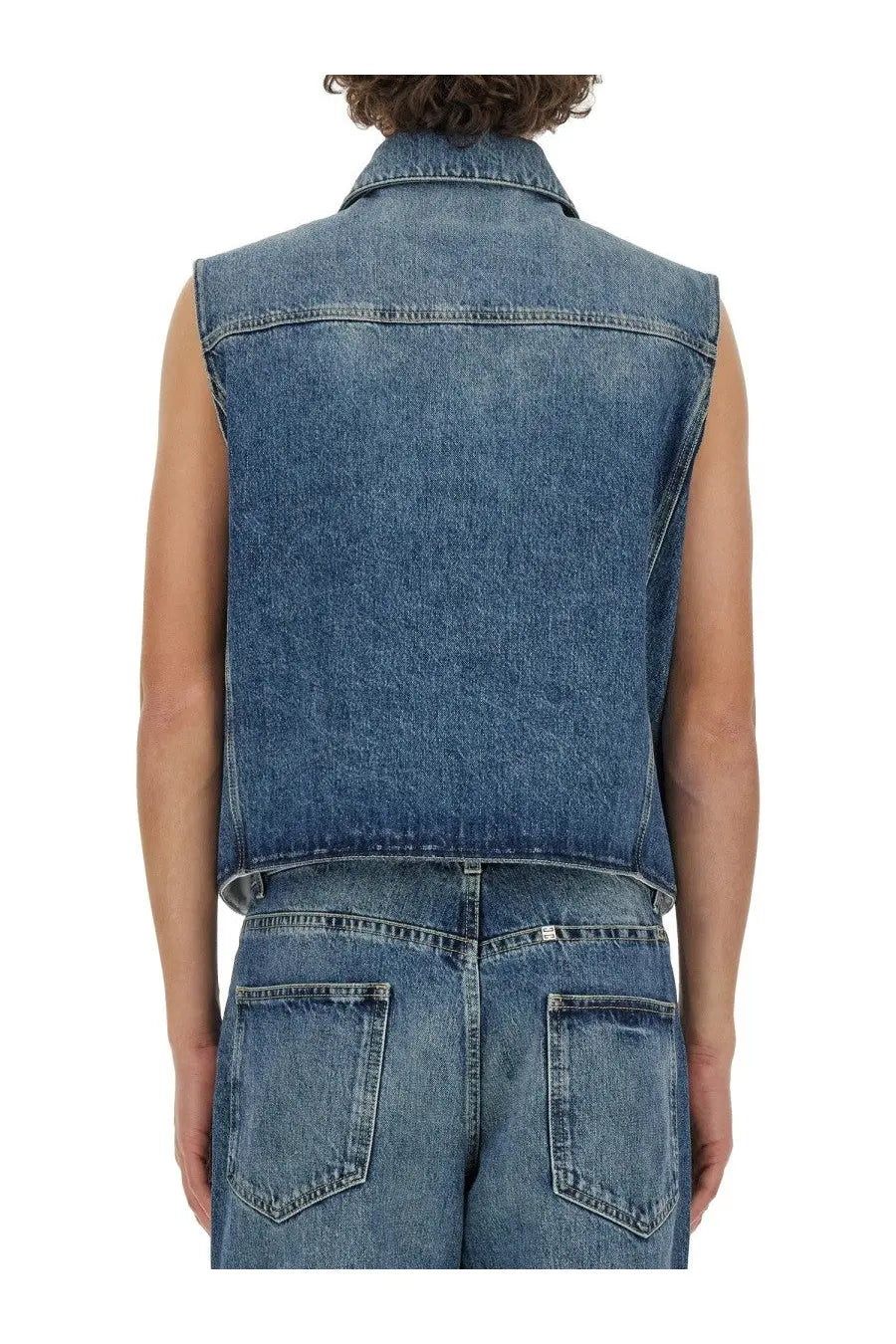 Givenchy men’s blue denim vest with collar sleeveless design and stitched seams for casual wear