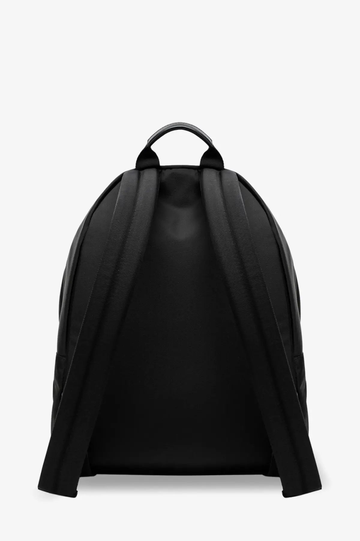 Givenchy men’s essential black nylon backpack with padded shoulder straps and top handle shown from the back side