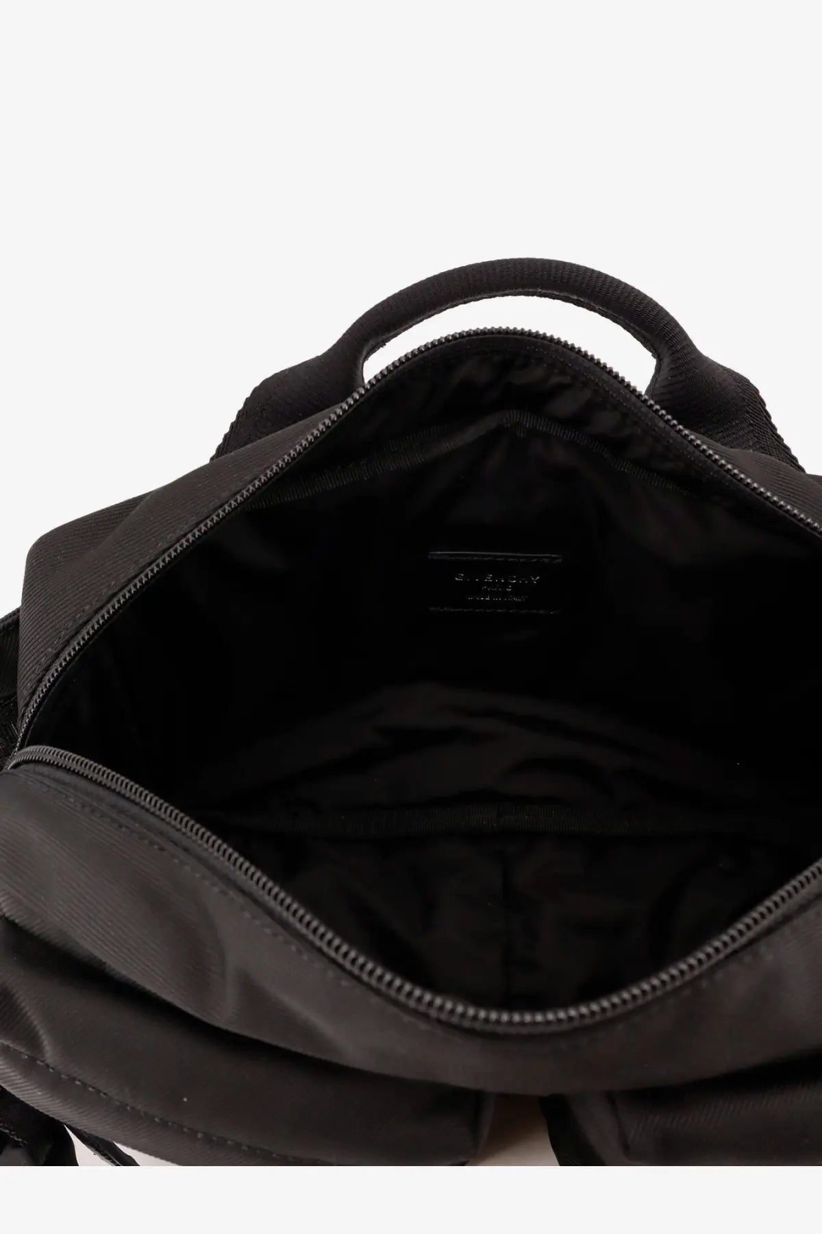 Givenchy men’s essential nylon belt bag black with minimalist design and dual top handles in black nylon
