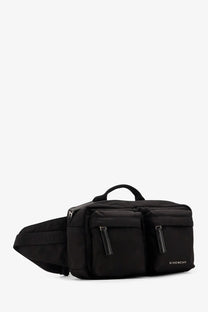 Givenchy men’s essential nylon belt bag black with two front zippered pockets and a top handle for versatile wear