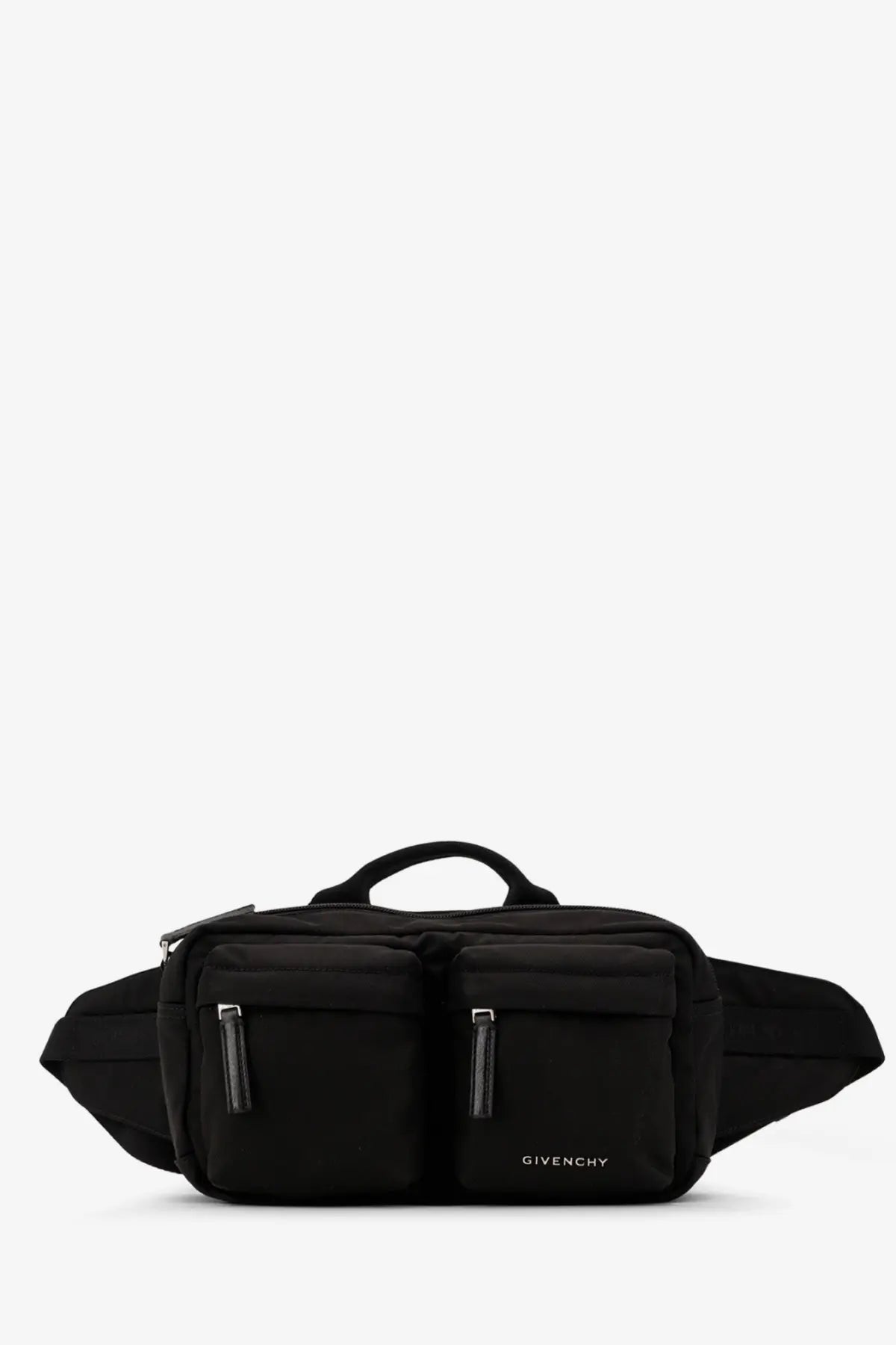 Black Givenchy men’s essential nylon belt bag with two front zippered pockets and top handle for easy carrying